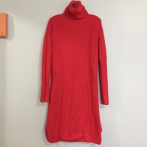 Red turtleneck midi sweater dress